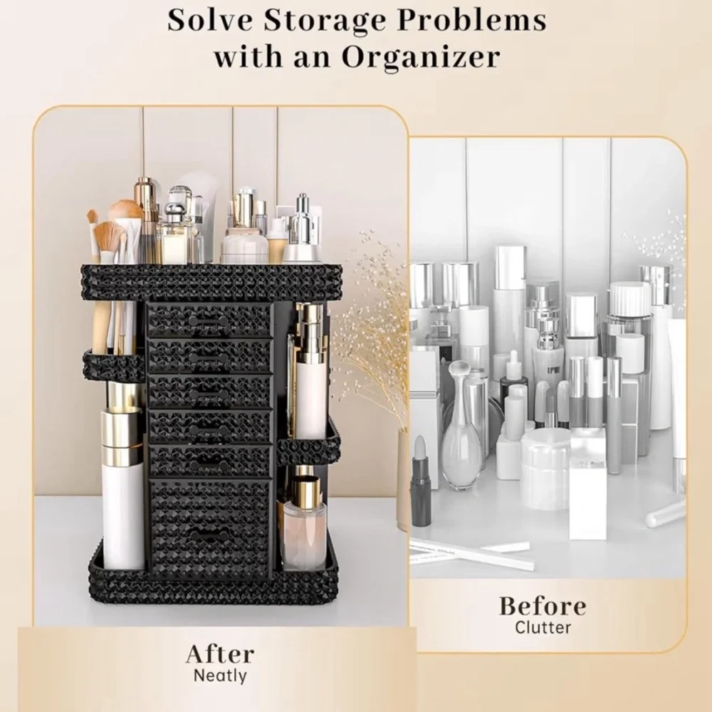 Elegant Rotating Black Crystal Makeup Organizer
